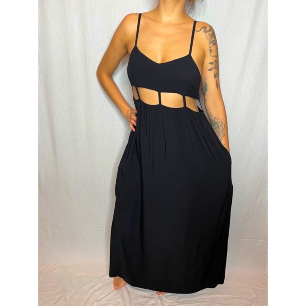 Honey punch black long summer dress/pockets (M)
